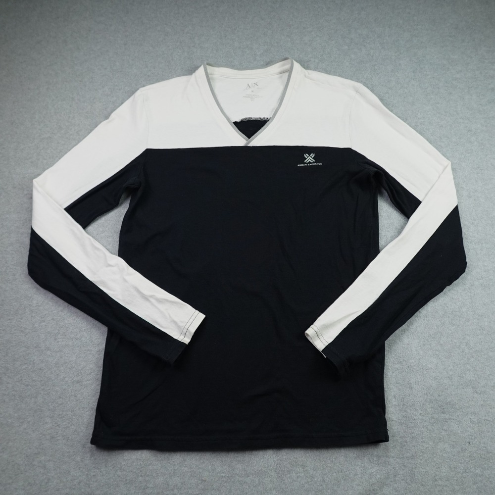 Armani Exchange Shirt Mens Medium Black White Colorblock V-Neck Long Sleeve